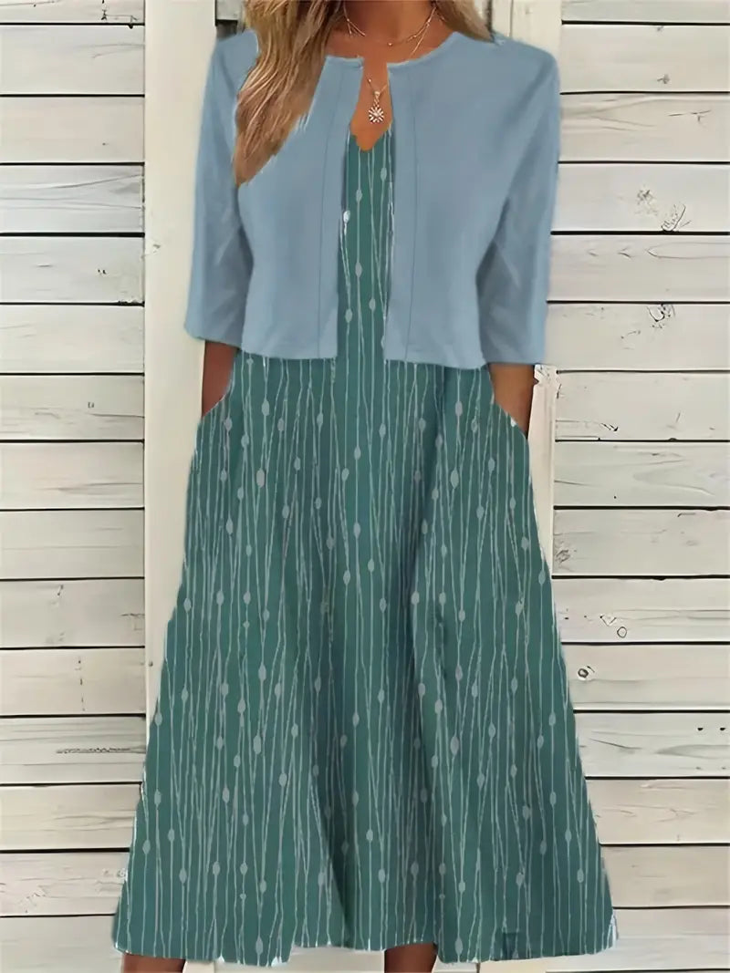 Chic Floral Two-Piece Dress Set Featuring Solid Crop Top and Round Neck