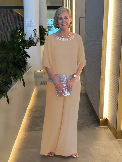 Chic Evening Ensemble: Sparkling Top with Palazzo Pants