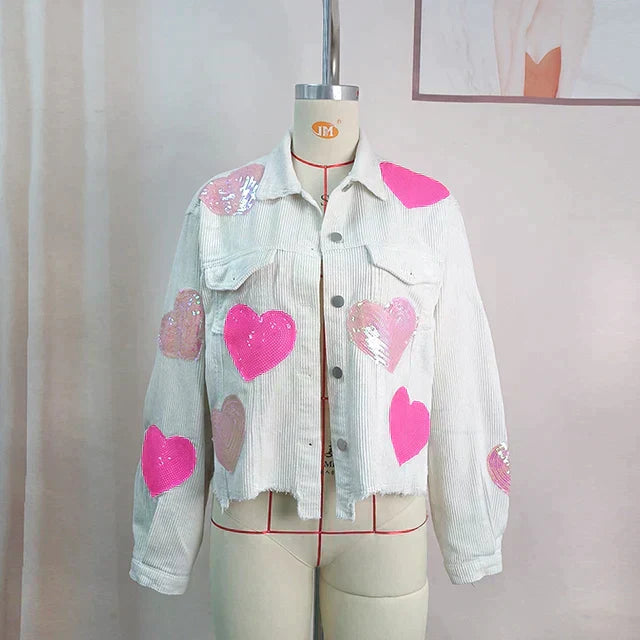Sequin-Accented Corduroy Jacket with Heart Embellishments